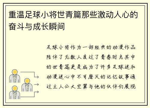 重温足球小将世青篇那些激动人心的奋斗与成长瞬间