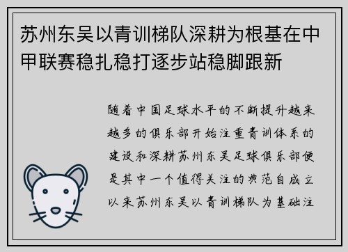 苏州东吴以青训梯队深耕为根基在中甲联赛稳扎稳打逐步站稳脚跟新