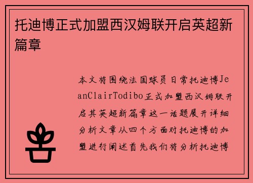 托迪博正式加盟西汉姆联开启英超新篇章